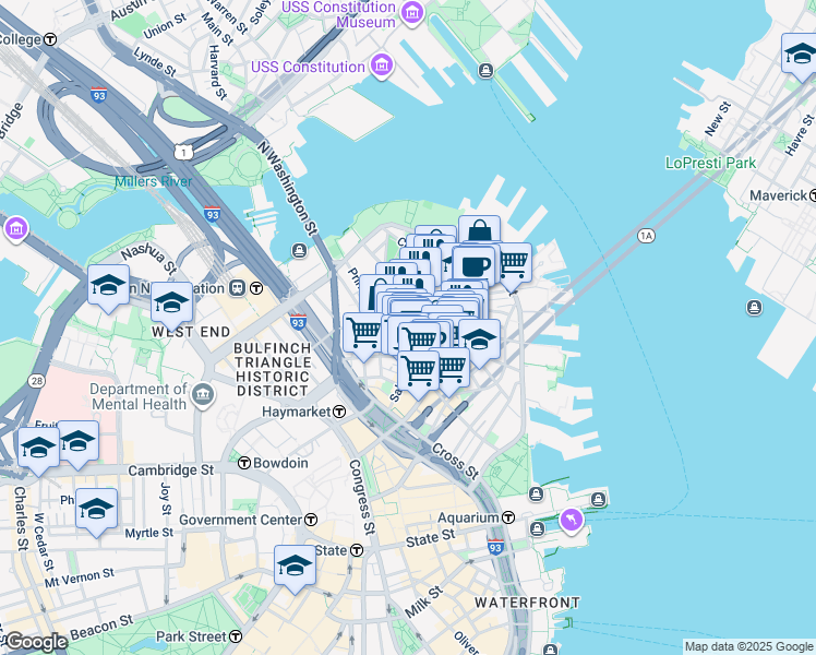 map of restaurants, bars, coffee shops, grocery stores, and more near in Boston