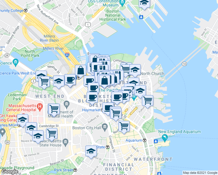 map of restaurants, bars, coffee shops, grocery stores, and more near 7 Endicott Court in Boston