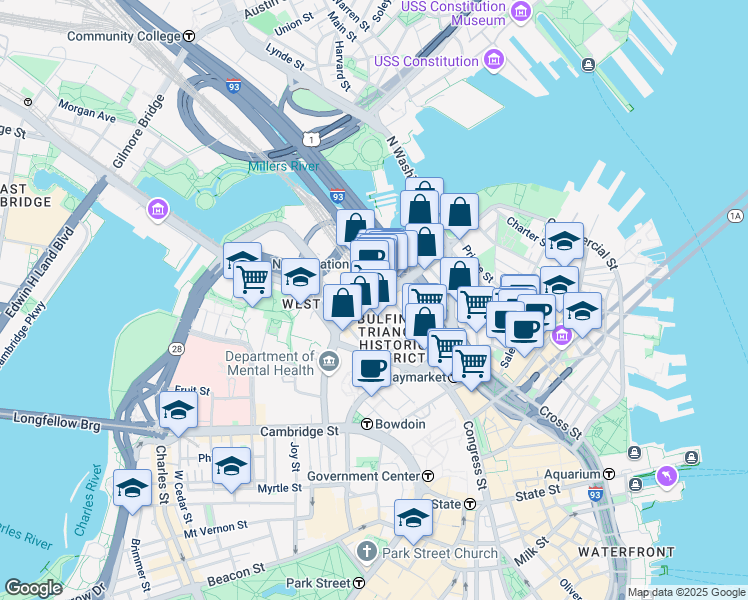 map of restaurants, bars, coffee shops, grocery stores, and more near 110 Causeway Street in Boston