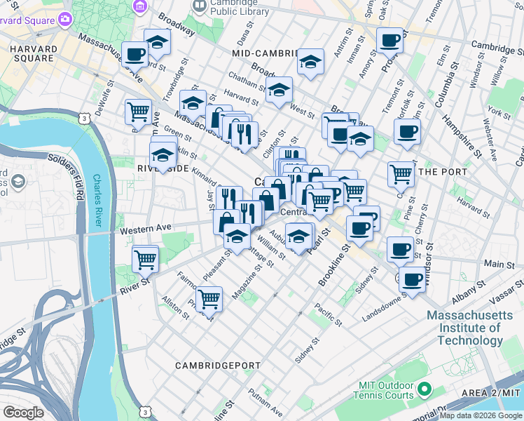 map of restaurants, bars, coffee shops, grocery stores, and more near 345 Franklin Street in Cambridge