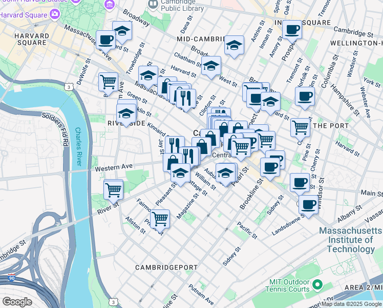map of restaurants, bars, coffee shops, grocery stores, and more near 345 Franklin Street in Cambridge