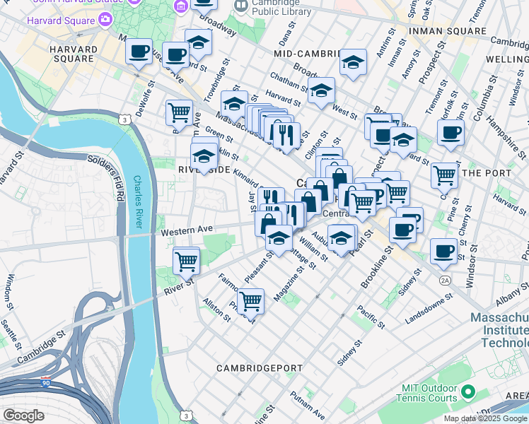 map of restaurants, bars, coffee shops, grocery stores, and more near 42 Kinnaird Street in Cambridge