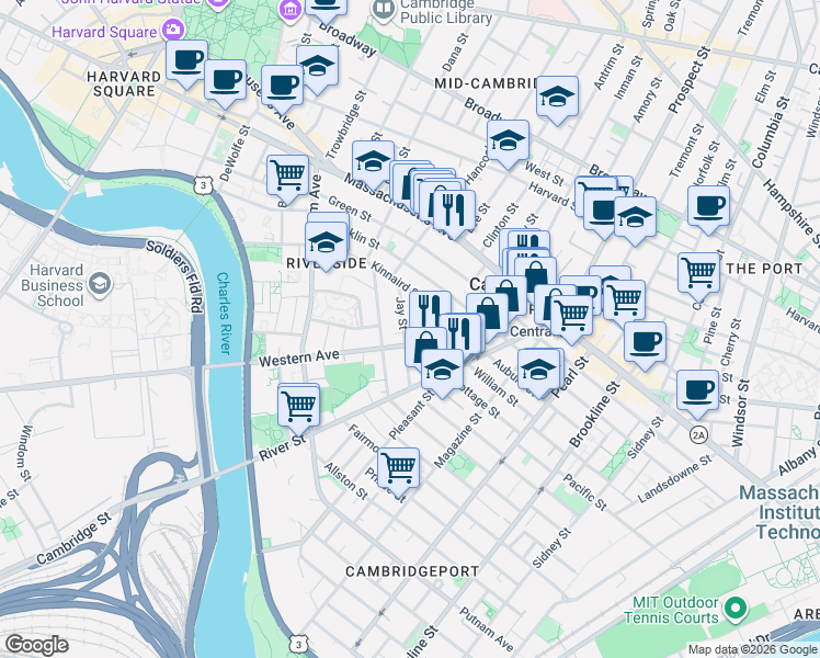 map of restaurants, bars, coffee shops, grocery stores, and more near in Cambridge