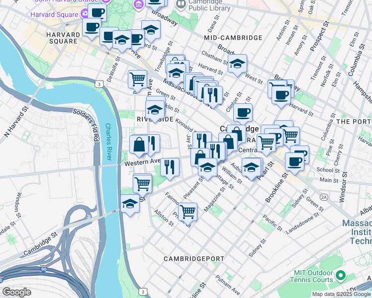 map of restaurants, bars, coffee shops, grocery stores, and more near 49 Jay Street in Cambridge