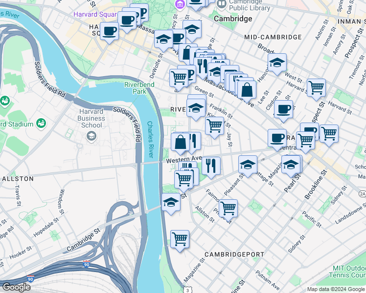 map of restaurants, bars, coffee shops, grocery stores, and more near in Cambridge