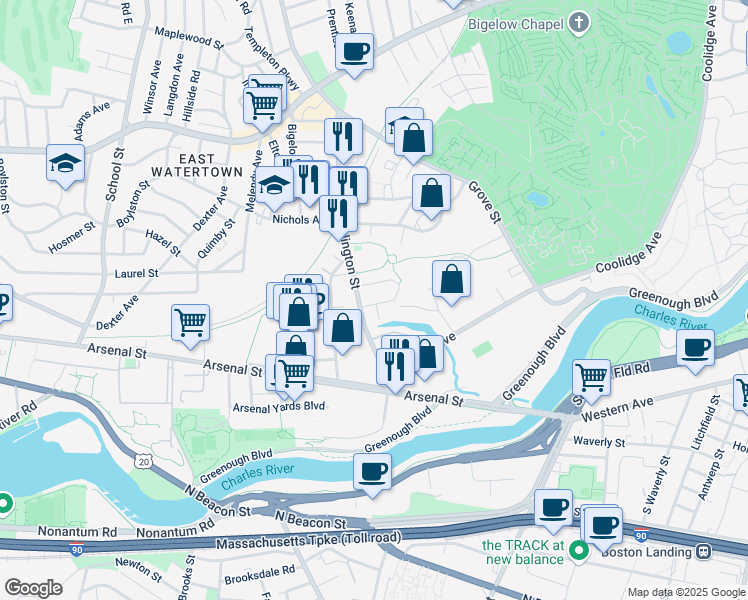 map of restaurants, bars, coffee shops, grocery stores, and more near 26 Berkeley Street in Watertown