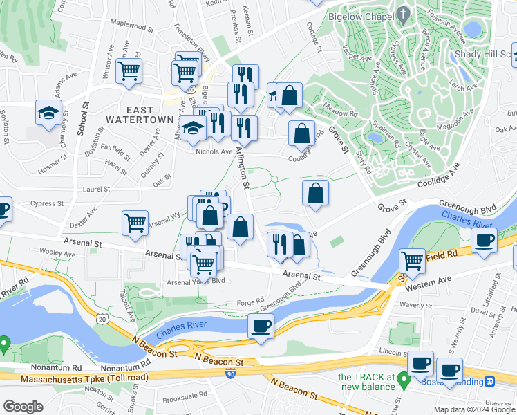 map of restaurants, bars, coffee shops, grocery stores, and more near 26 Berkeley Street in Watertown