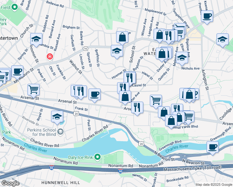 map of restaurants, bars, coffee shops, grocery stores, and more near 155 Spruce Street in Watertown