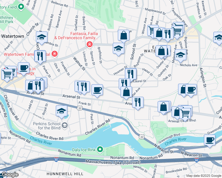 map of restaurants, bars, coffee shops, grocery stores, and more near 129 Spruce Street in Watertown