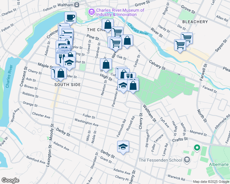 map of restaurants, bars, coffee shops, grocery stores, and more near 148 Alder Street in Waltham
