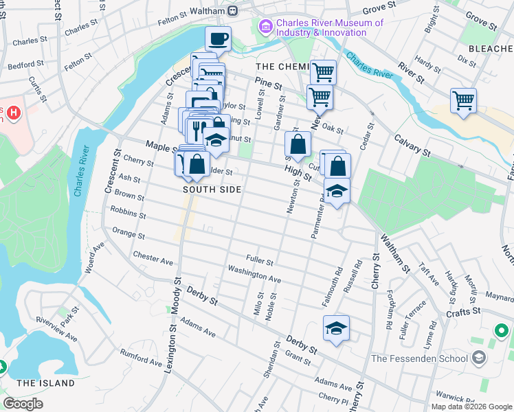map of restaurants, bars, coffee shops, grocery stores, and more near 92 Myrtle Street in Waltham