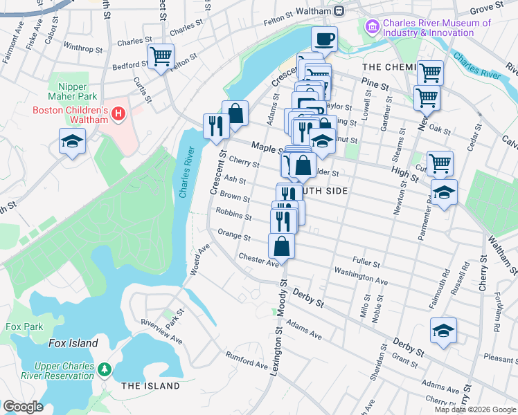 map of restaurants, bars, coffee shops, grocery stores, and more near 149 Adams Street in Waltham