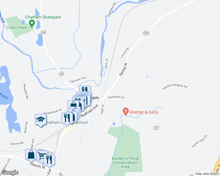 map of restaurants, bars, coffee shops, grocery stores, and more near 26 Spring Street in Chatham