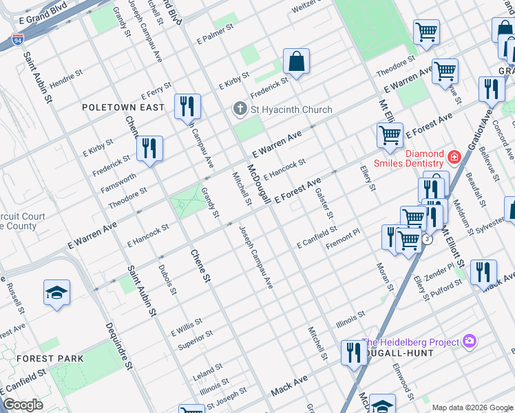 map of restaurants, bars, coffee shops, grocery stores, and more near 4754 Mitchell Street in Detroit