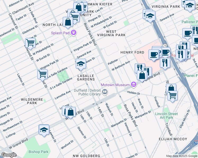 map of restaurants, bars, coffee shops, grocery stores, and more near 7550 Dunedin Street in Detroit