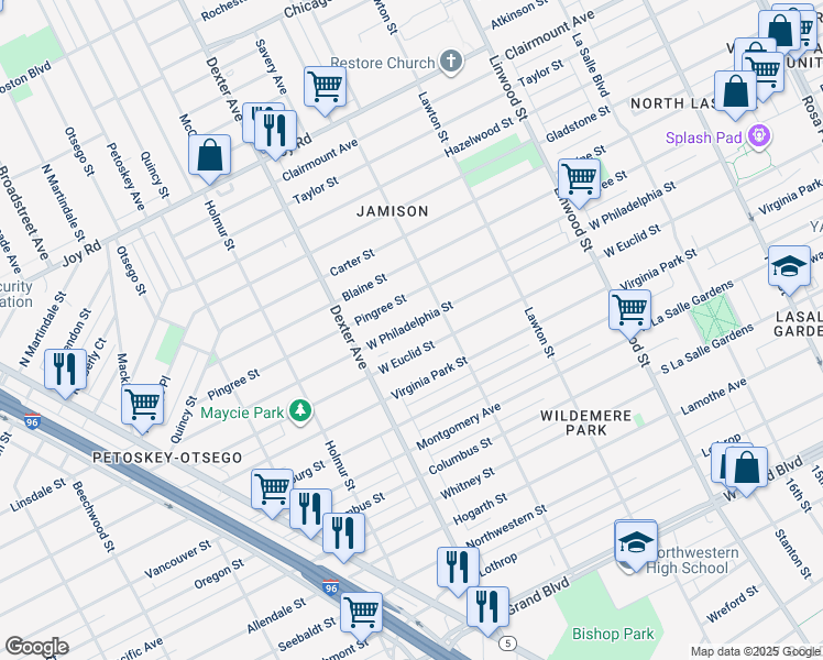 map of restaurants, bars, coffee shops, grocery stores, and more near 3265 Pingree Street in Detroit