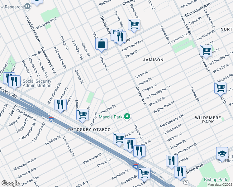 map of restaurants, bars, coffee shops, grocery stores, and more near 4012 Carter Street in Detroit