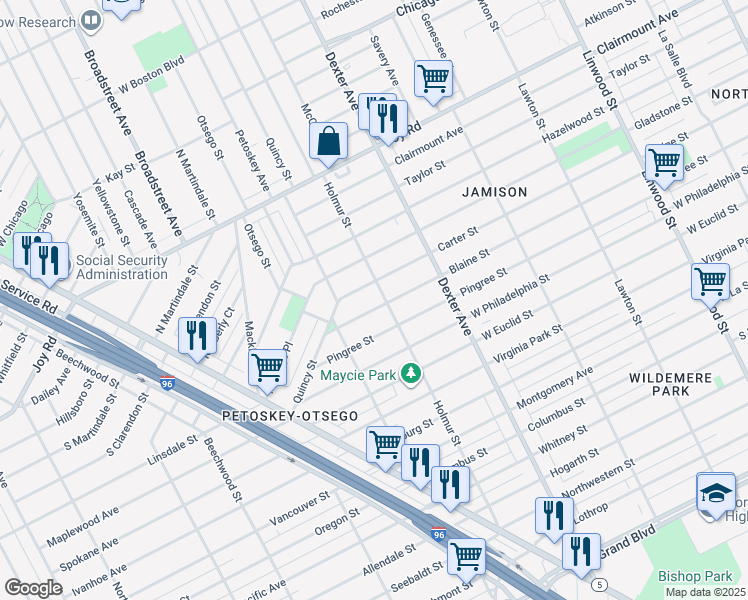 map of restaurants, bars, coffee shops, grocery stores, and more near 4012 Carter Street in Detroit
