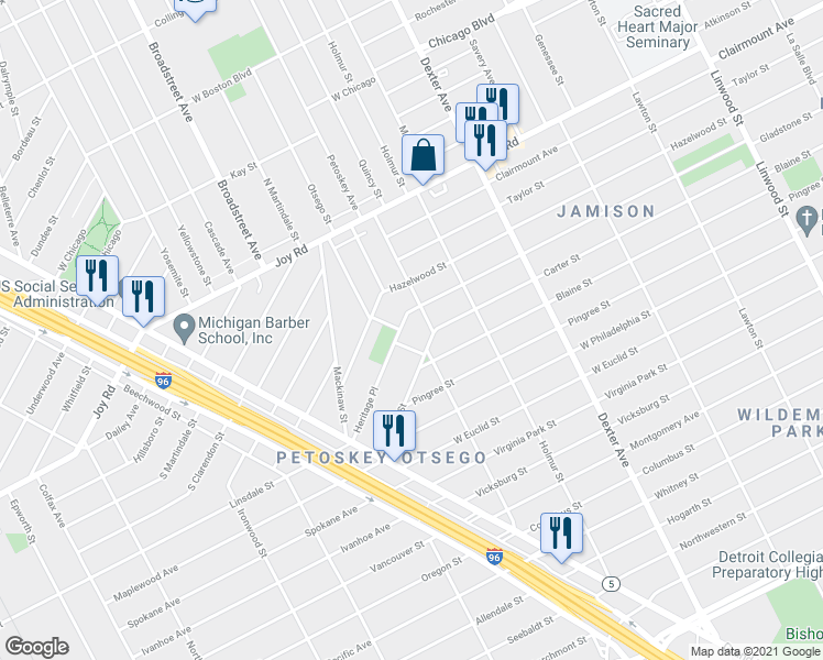 map of restaurants, bars, coffee shops, grocery stores, and more near 8794 Quincy Street in Detroit
