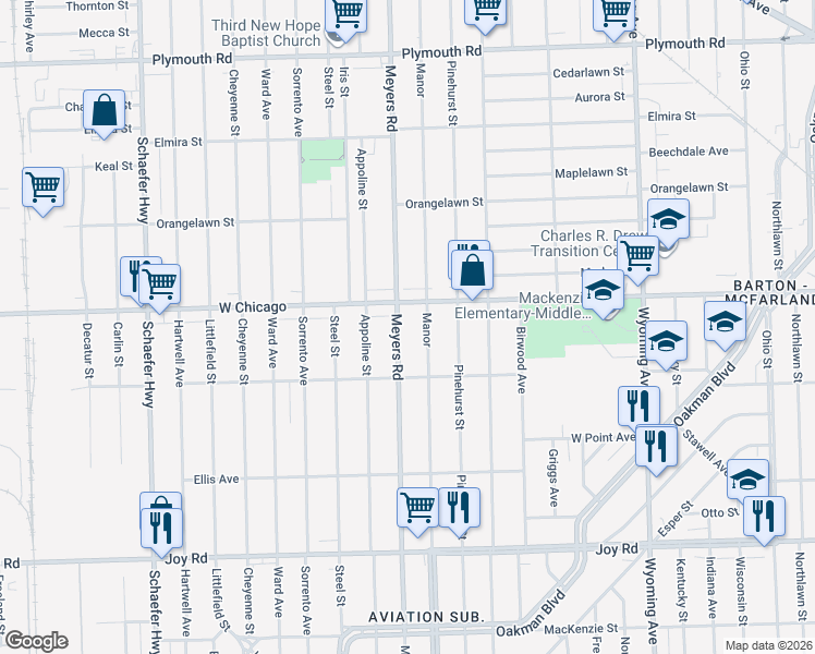 map of restaurants, bars, coffee shops, grocery stores, and more near 10824 West Chicago in Detroit