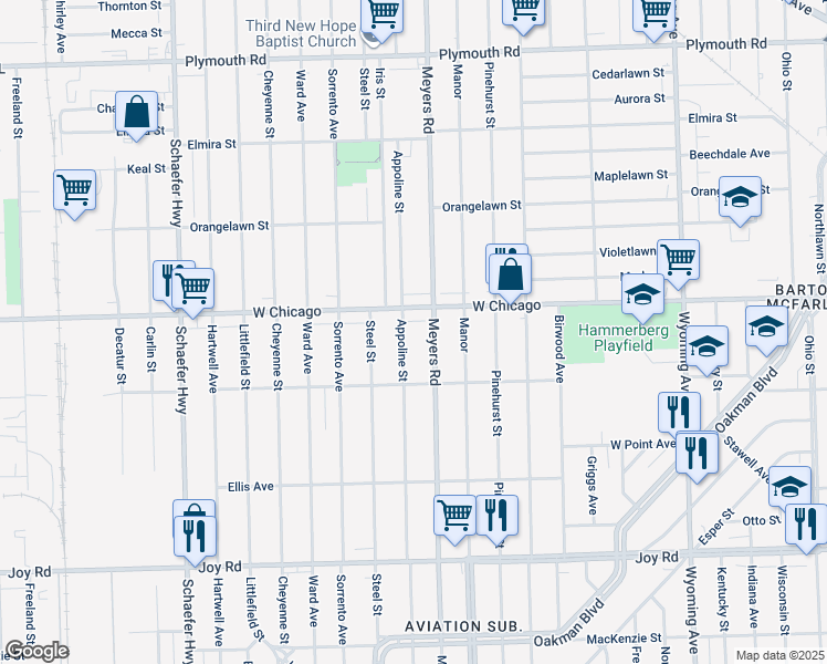 map of restaurants, bars, coffee shops, grocery stores, and more near 12799 West Chicago in Detroit