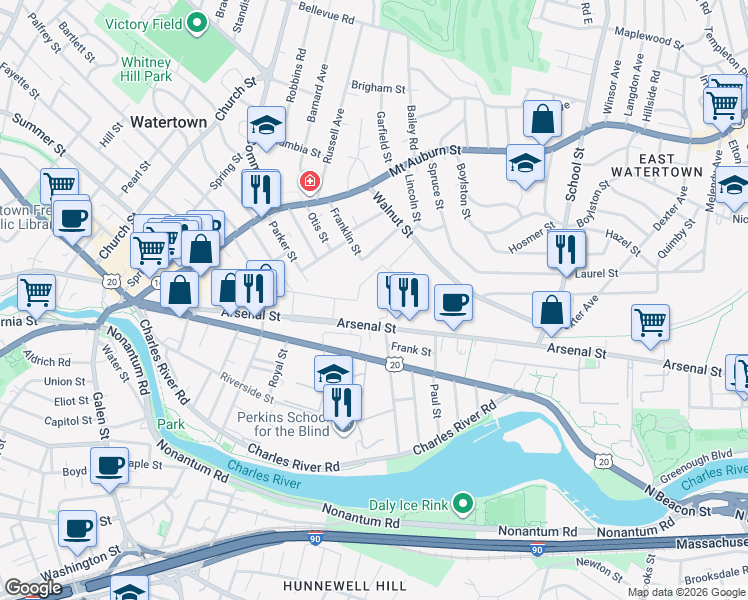 map of restaurants, bars, coffee shops, grocery stores, and more near 204 Arsenal Street in Watertown