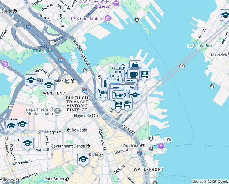 map of restaurants, bars, coffee shops, grocery stores, and more near in Boston