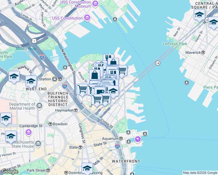 map of restaurants, bars, coffee shops, grocery stores, and more near in Boston