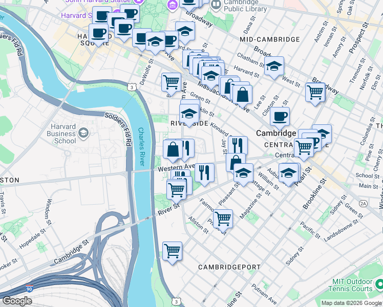 map of restaurants, bars, coffee shops, grocery stores, and more near in Cambridge