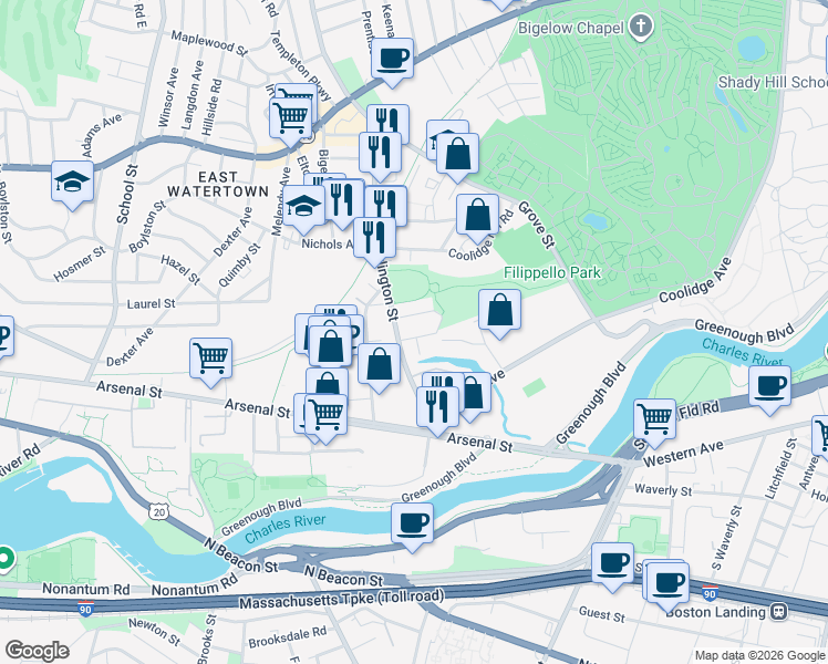 map of restaurants, bars, coffee shops, grocery stores, and more near 26 Berkeley Street in Watertown