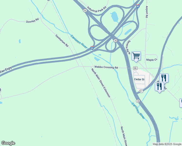 map of restaurants, bars, coffee shops, grocery stores, and more near 7528 North Main Street Extension in Hornell