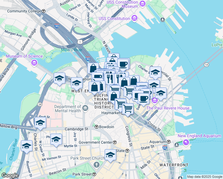 map of restaurants, bars, coffee shops, grocery stores, and more near 106 Beverly Street in Boston