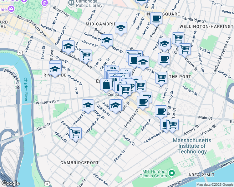 map of restaurants, bars, coffee shops, grocery stores, and more near Central Square in Cambridge