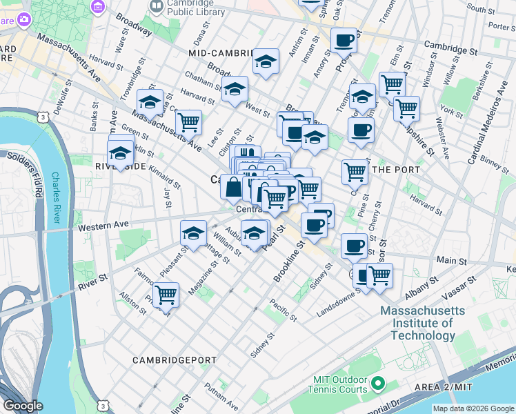 map of restaurants, bars, coffee shops, grocery stores, and more near Central Square in Cambridge
