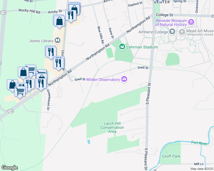 map of restaurants, bars, coffee shops, grocery stores, and more near 128 Snell Street in Amherst