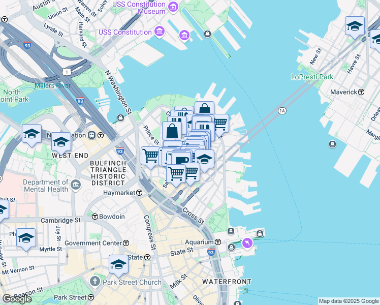 map of restaurants, bars, coffee shops, grocery stores, and more near 4 Charter Street in Boston