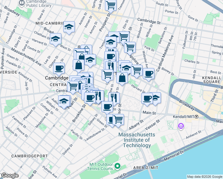 map of restaurants, bars, coffee shops, grocery stores, and more near in Cambridge