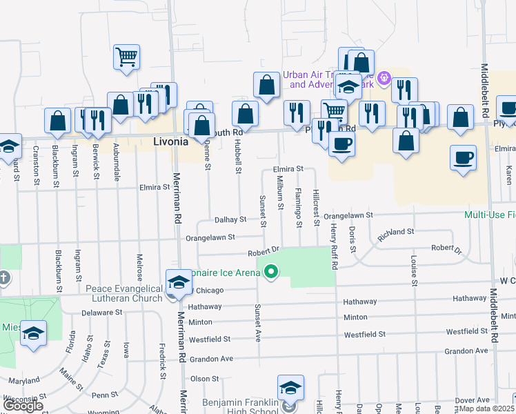 map of restaurants, bars, coffee shops, grocery stores, and more near 11087 Sunset Street in Livonia