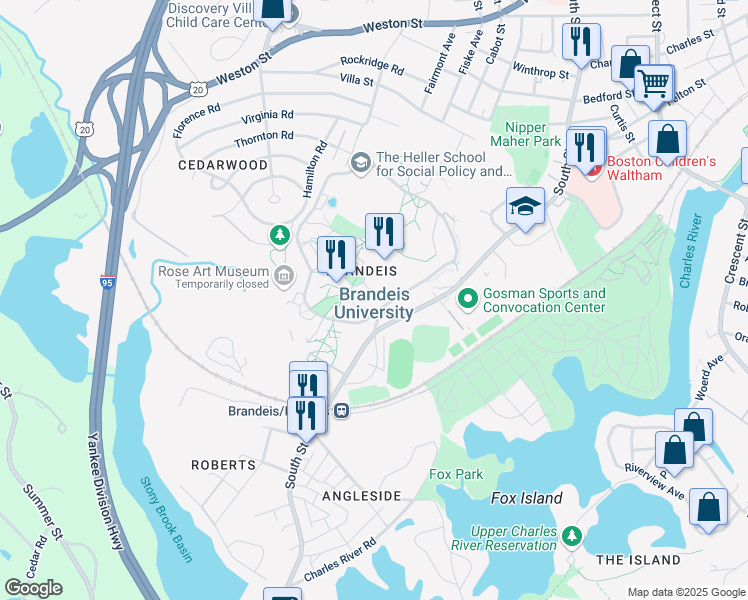 map of restaurants, bars, coffee shops, grocery stores, and more near 415 South Street in Waltham