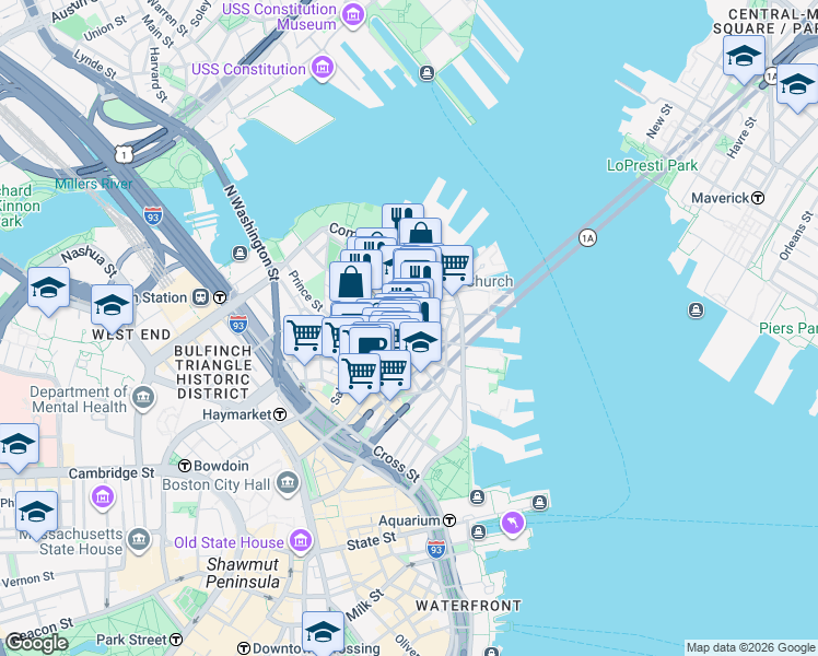 map of restaurants, bars, coffee shops, grocery stores, and more near 4 Charter Street in Boston