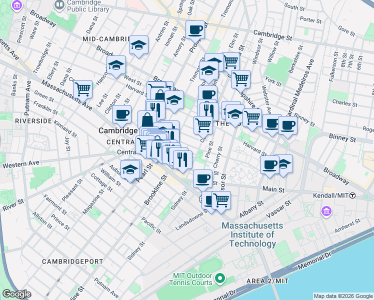 map of restaurants, bars, coffee shops, grocery stores, and more near 12 Fiske Place in Cambridge