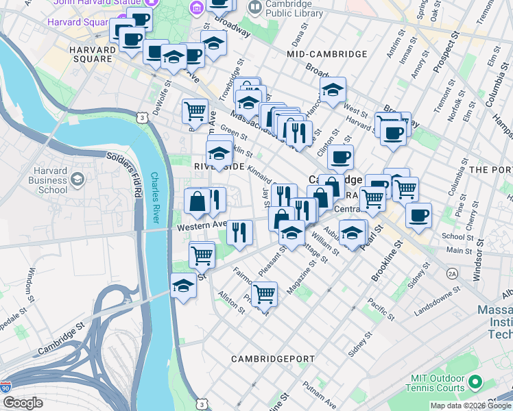 map of restaurants, bars, coffee shops, grocery stores, and more near 38 Howard Street in Cambridge