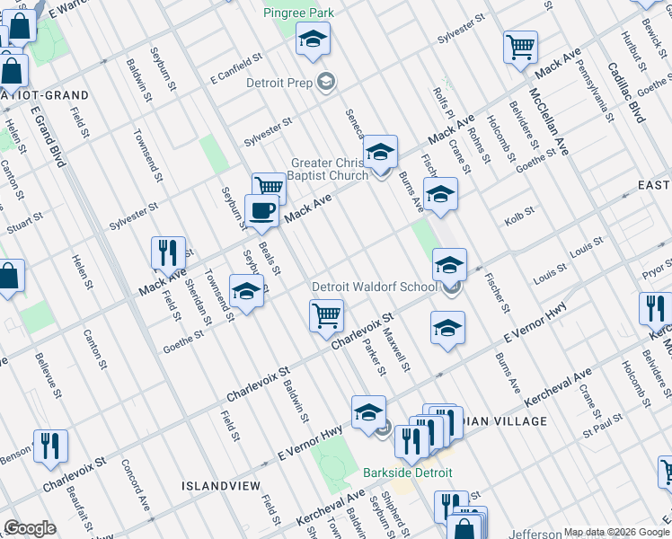 map of restaurants, bars, coffee shops, grocery stores, and more near 3450 Parker Street in Detroit