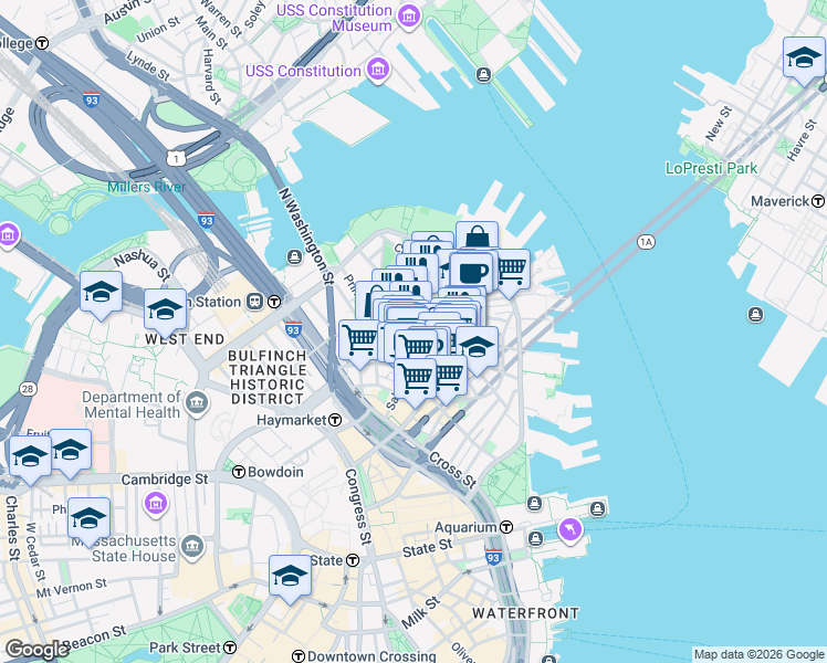 map of restaurants, bars, coffee shops, grocery stores, and more near in Boston