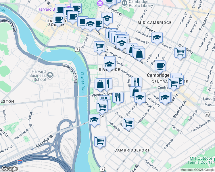 map of restaurants, bars, coffee shops, grocery stores, and more near in Cambridge