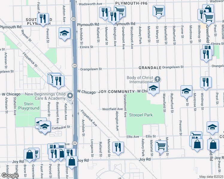 map of restaurants, bars, coffee shops, grocery stores, and more near 9555 Abington Avenue in Detroit