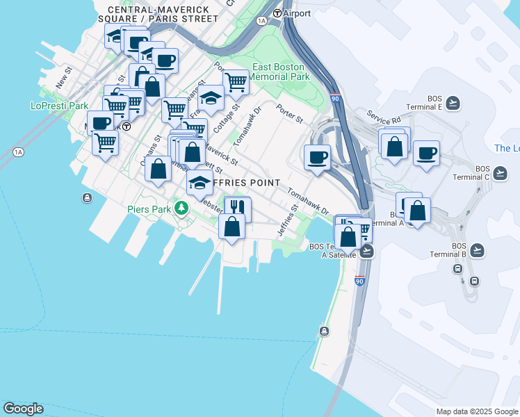 map of restaurants, bars, coffee shops, grocery stores, and more near 206 Everett Street in Boston