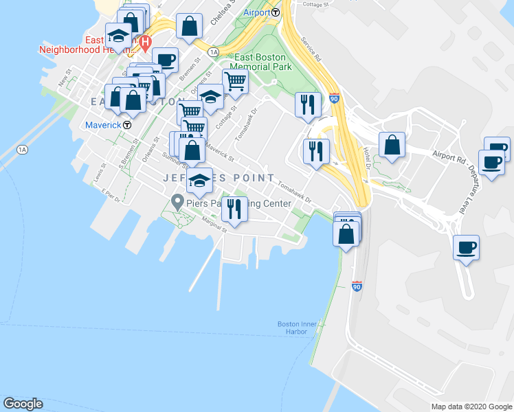 map of restaurants, bars, coffee shops, grocery stores, and more near 206 Everett Street in Boston