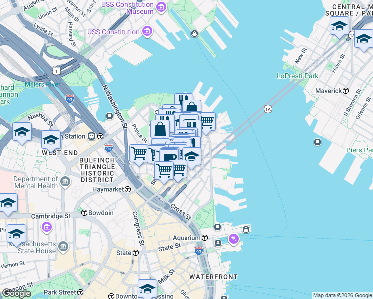 map of restaurants, bars, coffee shops, grocery stores, and more near in Boston
