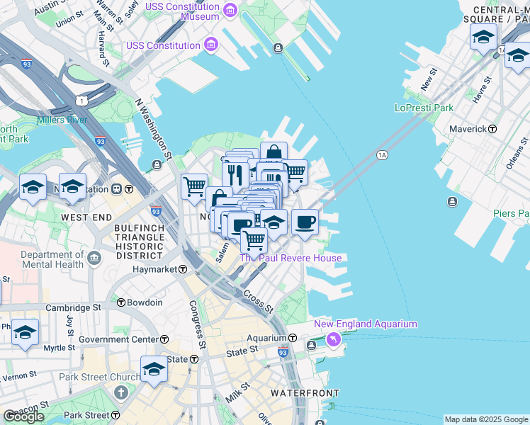 map of restaurants, bars, coffee shops, grocery stores, and more near 4 Charter Street in Boston